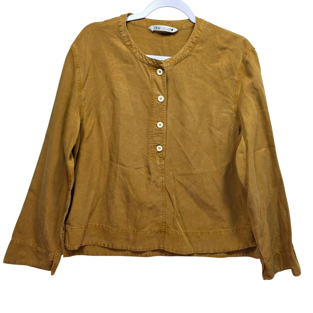 Zara Womens Ochre Brown Linen Blend Henley Blouse Long Sleeve‎ Size L Earthy